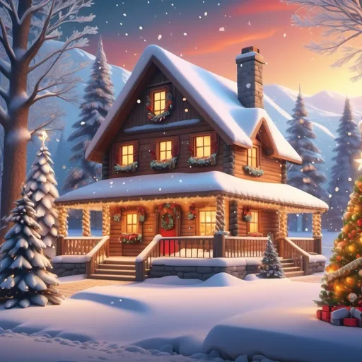 Prompt: (Captivating Christmas scene), snow-dusted landscape, twinkling lights, a cozy cabin radiating warmth, trees adorned with vibrant decorations, festive colors, (cheerful ambiance), fireplace's glow, gently falling snowflakes, (highly detailed), ultra-detailed 4K, evokes holiday spirit, joyful atmosphere, enchanting decorations, picturesque winter wonderland.