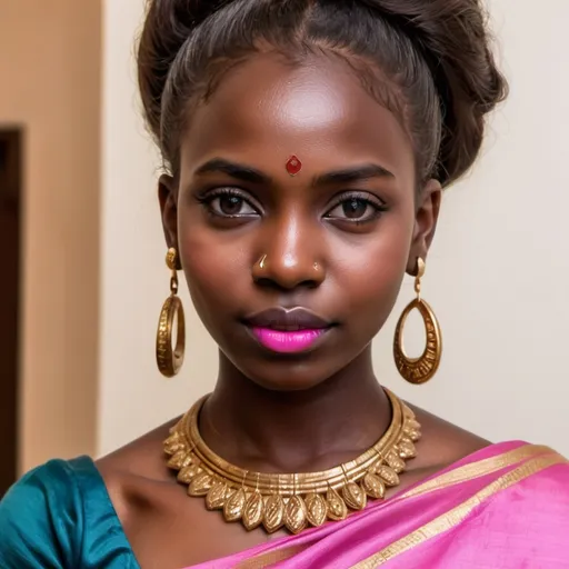 Prompt: An African lady with dark skin, pink lips deep brown eyes, pointed nose 5 earring on her ear, putting on saree and standing 