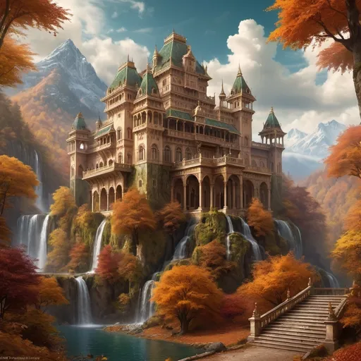 Prompt: a fantasy palace in a deep mystic forest in autumn season with clouds all over the sky with mountains around the palace and with waterfalls on the mountains. The colour of palace should be hazelnut and the detailing on the palace should be sandollar color. the palace should be royal but mysterious 