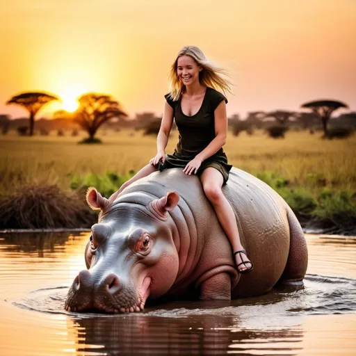 Prompt: blonde girl riding hippo in africa during sunset