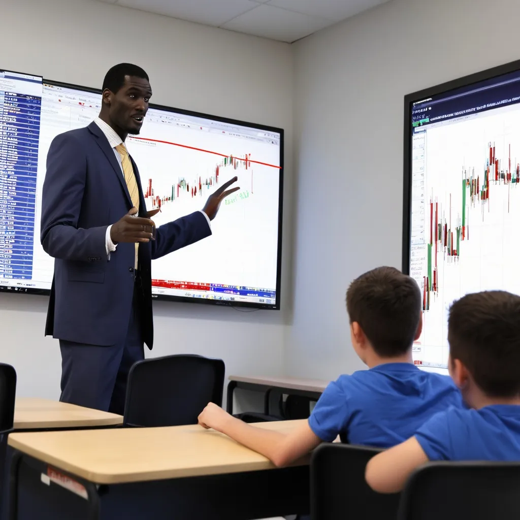 Prompt: A tall man teaching students how to trade the forex market