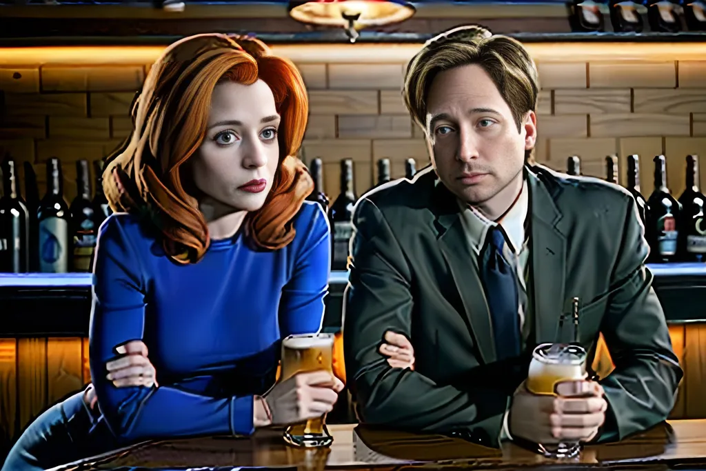 Prompt: Fox Mulder and Dana Scully sitting at a bar drinking beers.