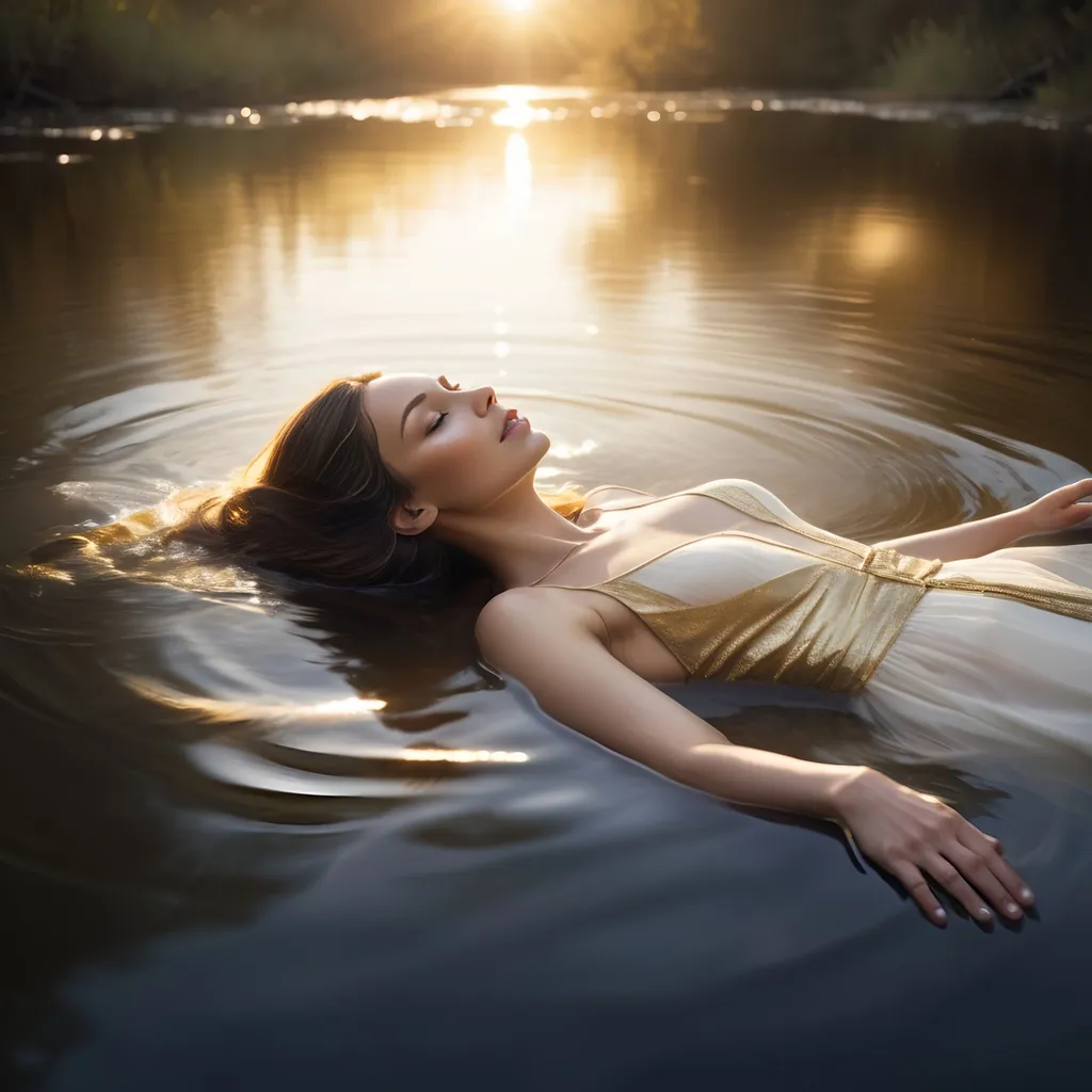 Prompt: A beautiful woman floating on a river of tranquility, with a white and gold light flowing in and around her.