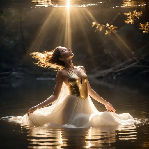 Prompt: A beautiful woman floating on a river of tranquility, with a white and gold light flowing in and around her.