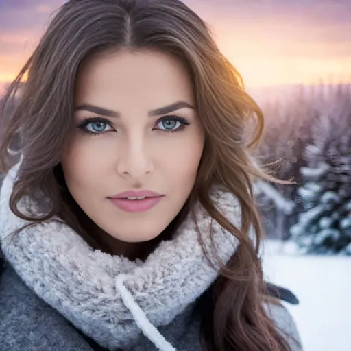 Prompt: A beautiful woman's face staring at a winter landscape. 