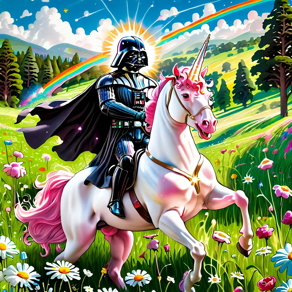 Prompt: Darth Vader riding a unicorn in a sunny meadow.