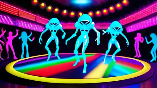 Prompt: Aliens dancing under a disco ball in a night club, surrounded by colorful neon lights.