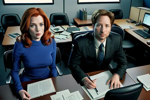 Prompt: Fox Mulder and Dana Scully sitting on office chairs with his desk covered with ufology books.