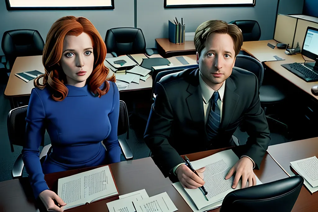 Prompt: Fox Mulder and Dana Scully sitting on office chairs with his desk covered with ufology books.