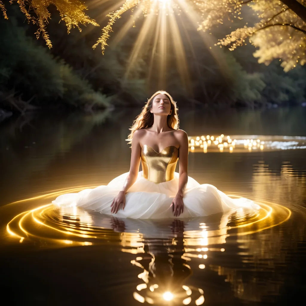 Prompt: A beautiful woman floating on a river of tranquility, with a white and gold light flowing in and around her.