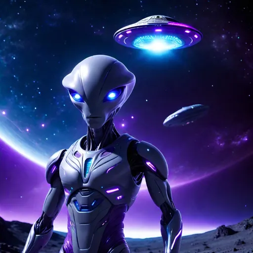 Prompt: A grey extraterrestrial being, surrounded by purple and blue  light, with a UFO spacecraft in the background in outer space.