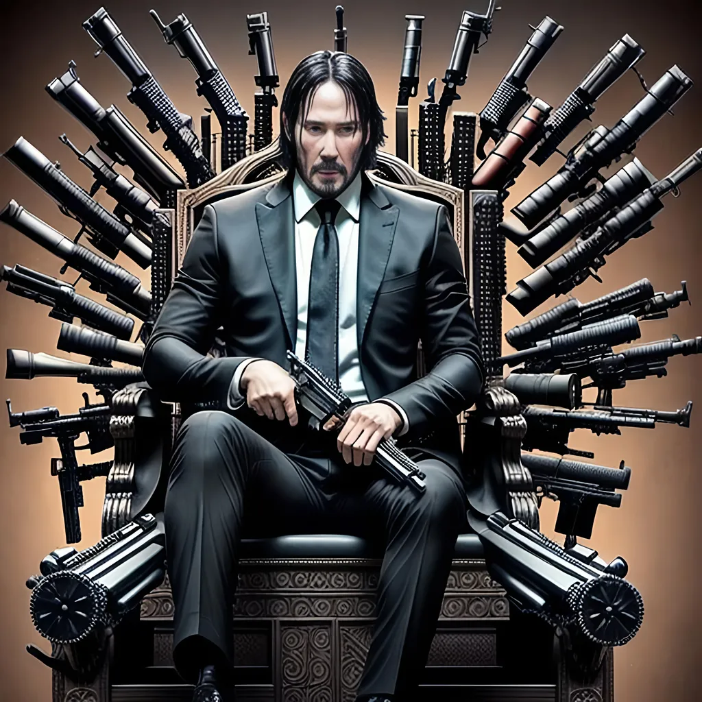 Prompt: John Wick sitting on a throne made of guns.