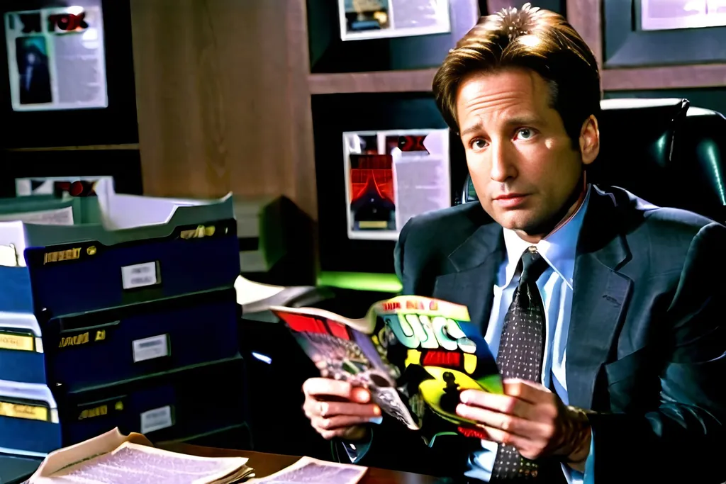 Prompt: Fox Mulder sitting on an office chair with his desk covered with UFO comic books.