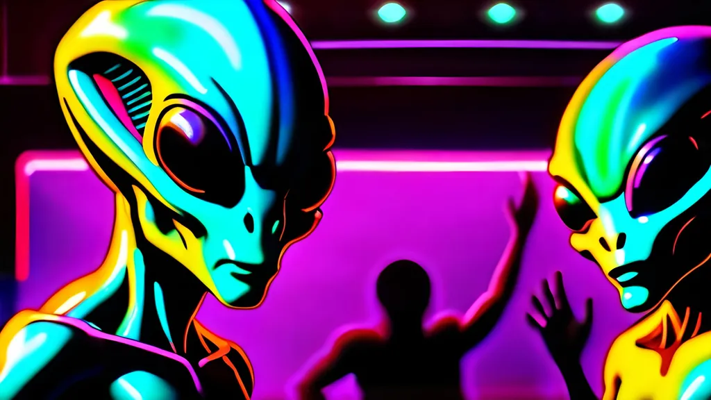 Prompt: Aliens dancing under a disco ball in a night club, surrounded by colorful neon lights.