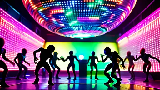 Prompt: Aliens dancing under a disco ball in a night club, surrounded by colorful neon lights.