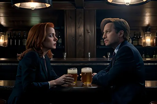 Prompt: Fox Mulder and Dana Scully sitting at a bar drinking beers.