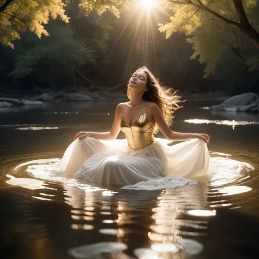 Prompt: A beautiful woman floating on a river of tranquility, with a white and gold light flowing in and around her.