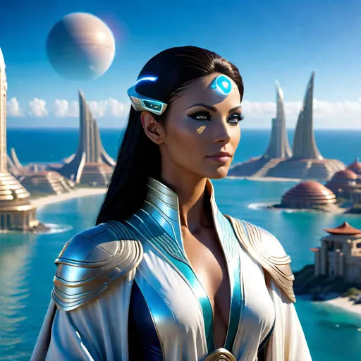 Prompt: A beautiful female Arcturian, looking out at the ocean, with a futuristic, yet ancient looking city behind her. The Arcturian is wearing an ancient looking robe.