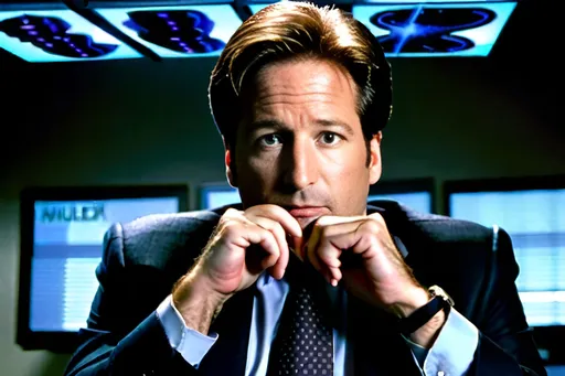 Prompt: Fox Mulder sitting on an office chair with his desk covered with UFO comic books.