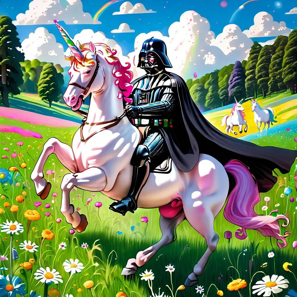 Prompt: Darth Vader riding a unicorn in a sunny meadow.