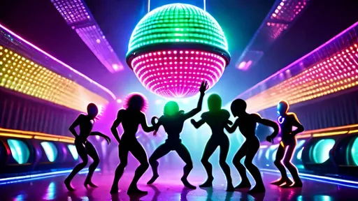 Prompt: Aliens dancing under a disco ball in a night club, surrounded by colorful neon lights.