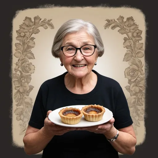 Prompt: Create an image of an older lady from Canada holding a butter tart, designed in the iconic style reminiscent of Banksy's graffiti art. The woman should exude warmth and character, reflecting the spirit of Canadian hospitality and tradition. The butter tart should be prominently featured, showcasing its deliciousness and cultural significance. The overall composition should capture the essence of Canadian life with a touch of urban artistry, evoking a sense of nostalgia and pride. The image will be printed on a t-shirt, so attention to detail and clarity in design are essential. No text should be included in the design.