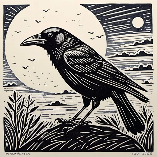 Prompt: linocut crow