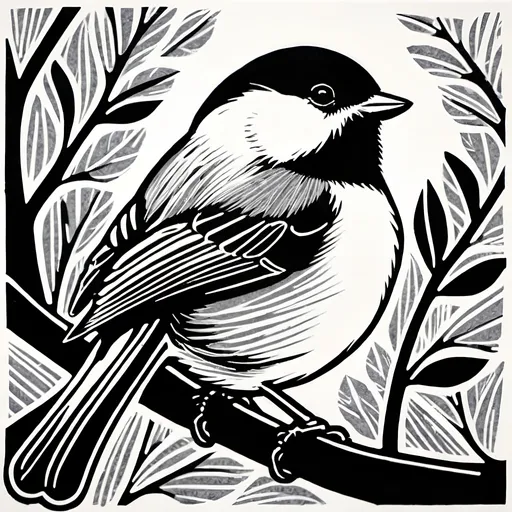 Prompt: linocut chickadee in black and white