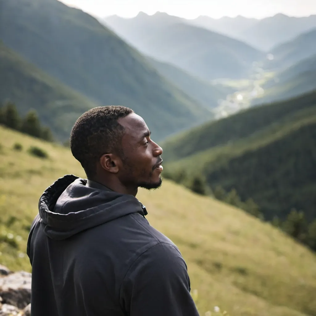 Prompt: Black man enjoying the mountain side in silence