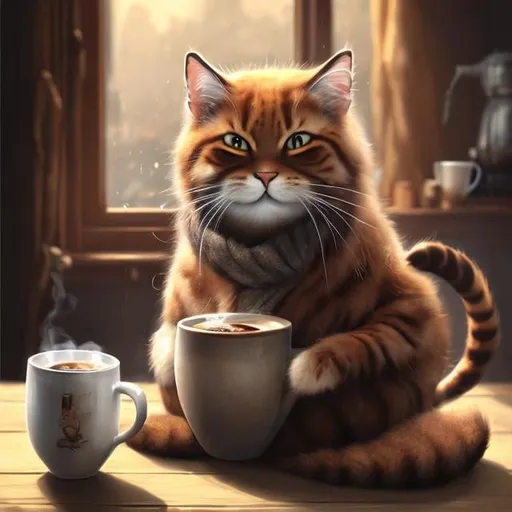 Prompt: Realistic digital painting of a contented cat, holding a steaming cup of coffee, warm and cozy atmosphere, detailed fur with lifelike texture, realistic coffee steam, focused expression, cozy setting, natural lighting, high quality, realistic, warm tones, detailed fur, coffee cup, cozy atmosphere