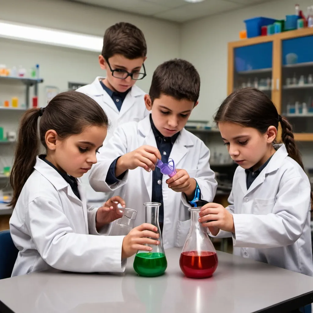 Prompt: niños alegres en un laboratorio de science haciendo un experimento STEAM 