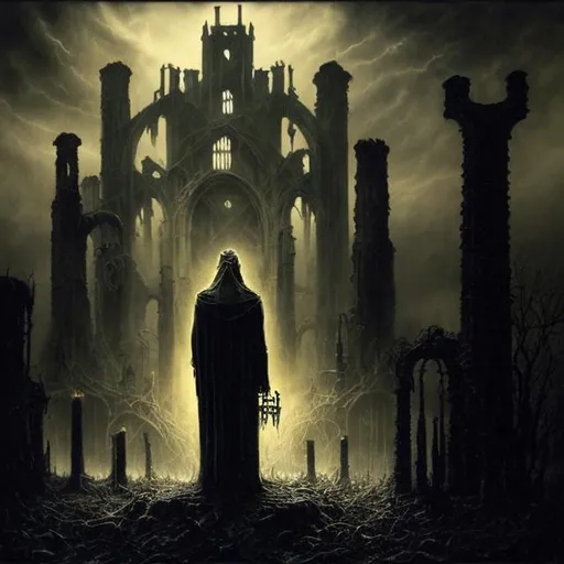 Prompt: Hastur observing Carcosa from above, oil painting, eerie mist, ancient ruins, highres, intricate details, misc-gothic, dark and moody tones, atmospheric lighting, haunting presence, gothic architecture, ominous sky, mysterious aura, foggy atmosphere, brooding, ancient prophecy, dramatic shadows, supernatural, otherworldly, misty and ethereal