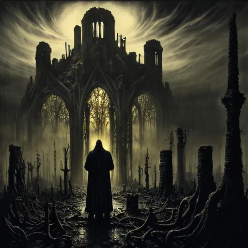 Prompt: Hastur observing Carcosa from above, oil painting, eerie mist, ancient ruins, highres, intricate details, misc-gothic, dark and moody tones, atmospheric lighting, haunting presence, gothic architecture, ominous sky, mysterious aura, foggy atmosphere, brooding, ancient prophecy, dramatic shadows, supernatural, otherworldly, misty and ethereal