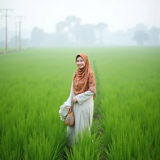 Prompt: A woman stands confidently in a lush green field, dressed in a flowing light-colored garment topped with a vibrant, patterned hijab that features hues of orange and brown. She holds a decorative bag and smiles softly, exuding a sense of calm amidst the tranquil surroundings. The field of tall rice plants stretches behind her, bathed in a misty atmosphere that suggests an early morning or late afternoon setting. Thin utility poles crisscross the horizon, adding a subtle modern element to the otherwise serene natural landscape. The overall mood is peaceful and reflective, capturing a moment of connection between the subject and her rural environment.