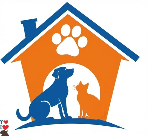 Prompt: a dog and cat sitting in front of a dog house with a heart at the top, logo, a digital rendering