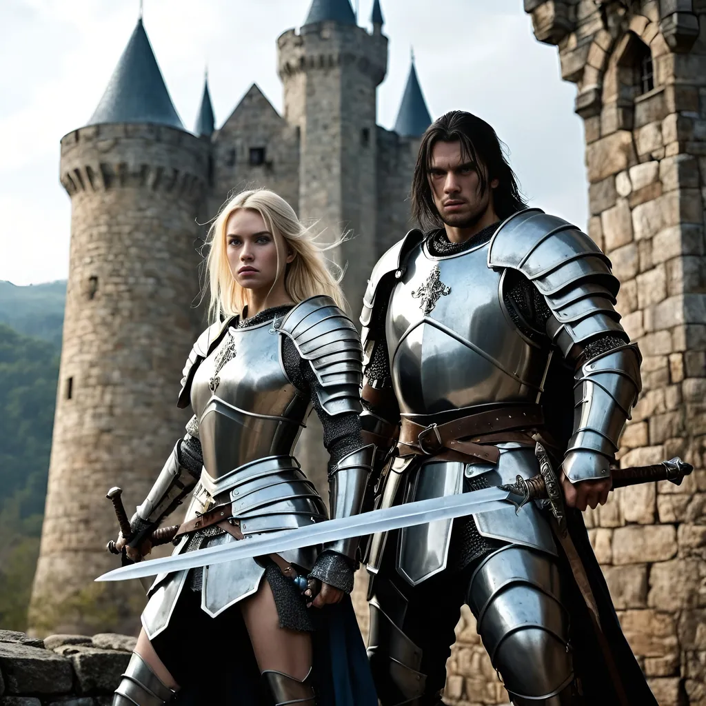 Prompt: a man and a woman dressed in armor in combat with each other holding swords in front of a castle with a giant stone wall, Clint Cearley, fantasy art, epic fantasy character art, concept art, the woman is blonde, and blue eyes, the man is dark hair, grey eyes