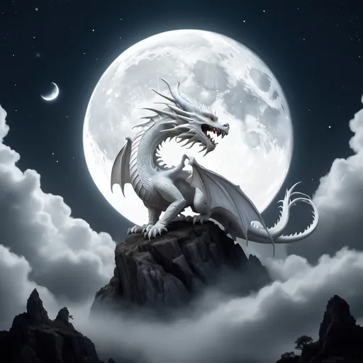 Prompt: dragon a white one,in the midmoon- sky

