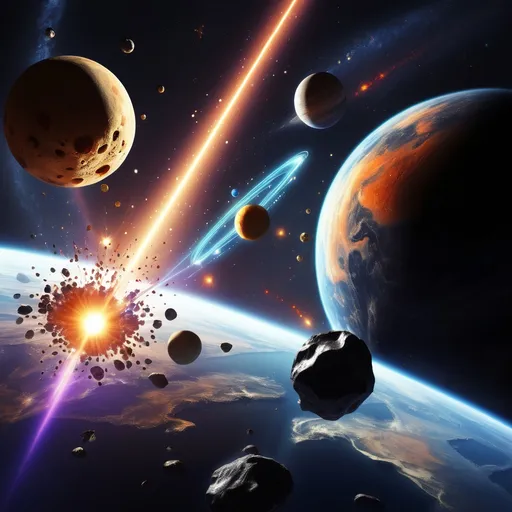 Prompt: cosmic rays shooting through space with planets and asteroids
 

