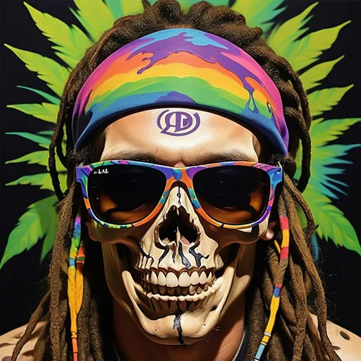 Prompt: psychedelic print devilish skull, sunglasses, dreadlock, jungle, melting, concert poster, trick of the eye painting, writing with name ''j44HxMASTA_drzzle''  on forehead