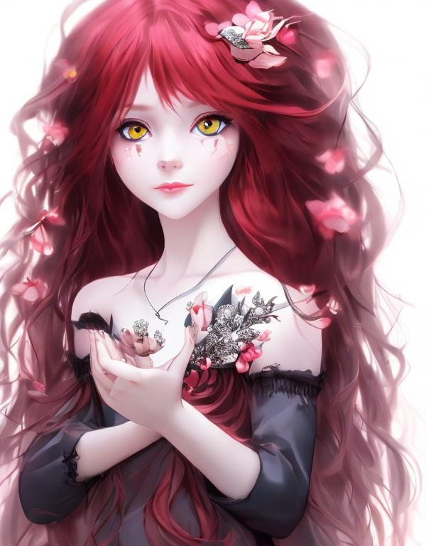 Prompt: A beautiful girl with long red hair and diamond eyes Standing with flower on her hand