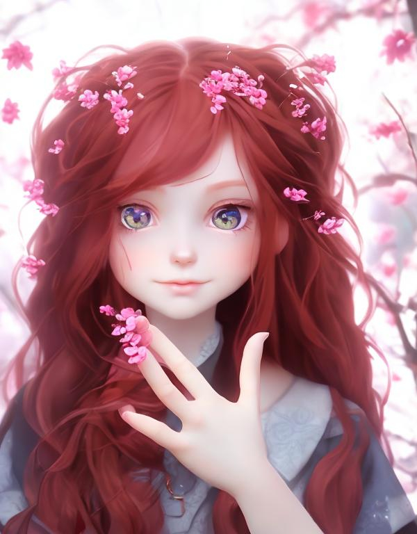 Prompt: A beautiful girl with long red hair and diamond eyes Standing with flower on her hand