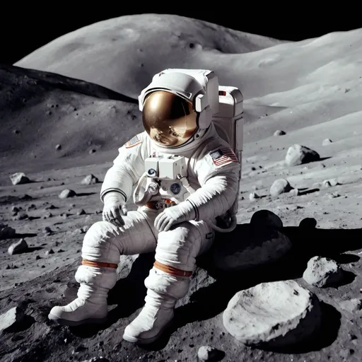 Prompt: an astronut sitting on a rock on the moon
