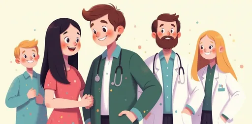 Prompt: <mymodel> man and a woman stand together with 3 doctors. One doctor is ginger man. Sedond doctor has a beard. The third doctor is a blond woman.