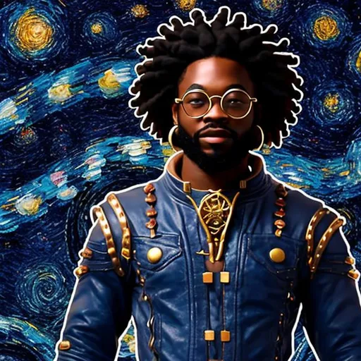 Prompt: black man, skin made out of a starry night sky, with dreads, with round glasses, drawing and arcane circle with his fingers, casting a star spell in a magical laboratory, wearing space punk armor, communing with the stars, realistic digital art,
,nice mouth, beautiful eyes, whole body, realistic digital art, young male, fighting pose, waring a final fantasy armor outfit, fully carved by glowing gold runes and glyphs insignia glowing on face, using cosmic powers,  waist up, silver hair, long dreads, his hair is shorter on the sides, light stubble, using star powers , dark skin, handsome, beautiful cosmic eyes, masterpiece in fantasy,