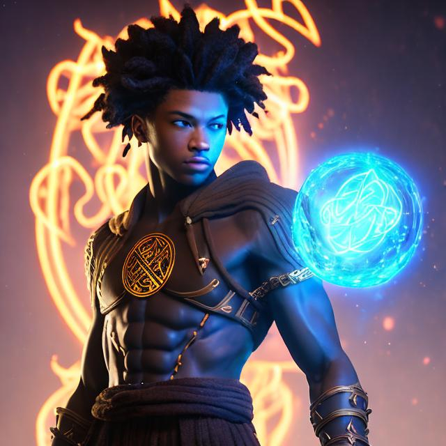 Prompt:  whole body, realistic digital art, young male, floating in the air, fighting pose, waring a final fantasy  outfit, fully carved by glowing runes and glyphs insignia glowing on face, using cosmic powers,  waist up, flying, afro American, black hair, long dreads, his hair is shorter on the sides, light stubble, using powers , dark skin, handsome, beautiful cosmic eyes,  flying pose, masterpiece in fantasy nouveau art style, 
Brian Martel Jennifer Wildes Jim Sanders art style