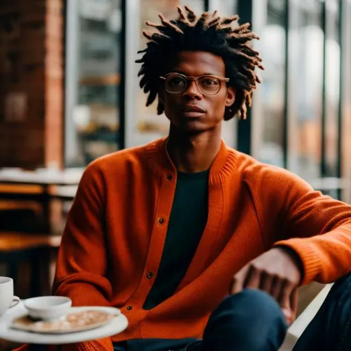 Prompt: kilik, whole body, realistic digital art, young male, sitting down, drinking coffee , at a coffee house, glasses, waring a orange sweater over a white button up, waring khaki pants, wearing Arizona shoes,  waist up,  looking down at phone, afro American, black hair, long dreads, his hair is shorter on the sides, light stubble, dark skin, handsome, beautiful cosmic eyes,