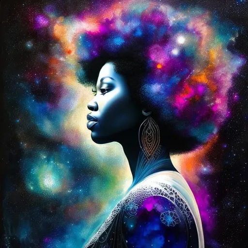 Prompt: Liquid ink illustration combined with realistic digital art, double exposure painting combines an abstract silhouette of a black woman and an intricately detailed background with the galaxy , organic shapes, stars in the galaxy, her afro becomes the galaxy, Art by Yoan Lossel, Cyril Rolando, Nan Goldin, Lee Bontecou Leusch, backlighting, charcoal and different shades of blue, sticker, ethereality, high contrast, fantasy, dreamy, vector illustration, 2d flat, centered, smooth, modern, minimalistic, graphic, line art, vector graphics