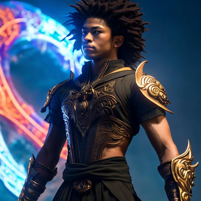 Prompt:  whole body, young male, floating in the air, fighting pose, waring a final fantasy  outfit, fully carved by glowing runes and glyphs insignia glowing on face, using cosmic powers,  waist up, flying, afro American, black hair, long dreads, his hair is shorter on the sides, light stubble, using powers , dark skin, handsome, beautiful cosmic eyes,  flying pose, masterpiece in fantasy,
Brian Martel Jennifer and Wildes Jim Sanders art style and borderlands art style, 