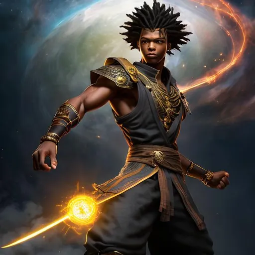 Prompt: kilik, whole body, realistic digital art, young male, floating in the air, fighting pose, waring a final fantasy  outfit, a cosmic insignia glowing on face, using cosmic powers,  waist up, flying, afro American, black hair, long dreads, his hair is shorter on the sides, light stubble, using powers , dark skin, handsome, beautiful cosmic eyes,  flying pose,