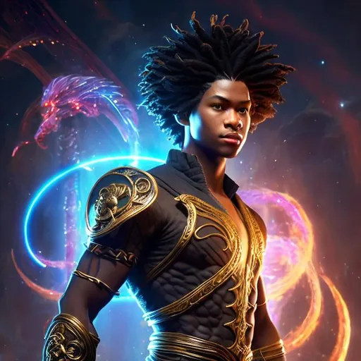 Prompt:  whole body, realistic digital art, young male, floating in the air, fighting pose, waring a final fantasy  outfit, fully carved by glowing runes and glyphs insignia glowing on face, using cosmic powers,  waist up, flying, afro American, black hair, long braided dreads,  light stubble, using powers , dark skin, handsome, beautiful cosmic eyes, fighting pose, masterpiece in fantasy nouveau art style, intricately detailed background with the galaxy , hair turns into space clouds,  organic shapes, stars in the galaxy, his dreads becomes the galaxy, his body is made of the solar system, clothes turn into space artifacts, sticker, ethereality, high contrast, fantasy, dreamy, vector illustration, 2d flat, centered, smooth, modern, minimalistic, graphic, line art, vector graphics